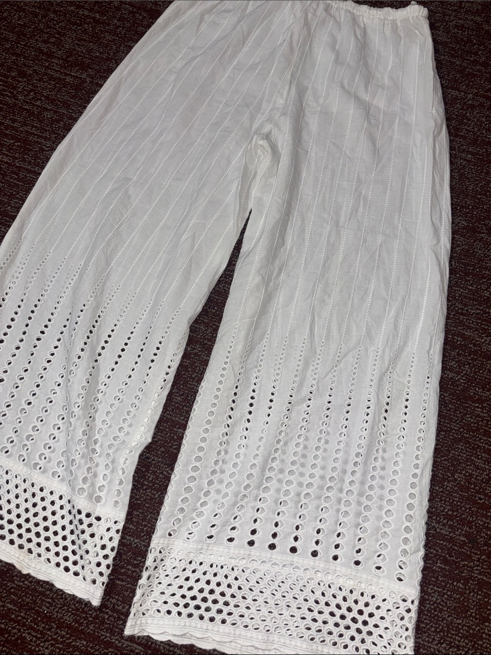 Sheer white palazzo pant tie waist relaxed fit Resortwear eyelet lace pant L - Picture 2 of 14